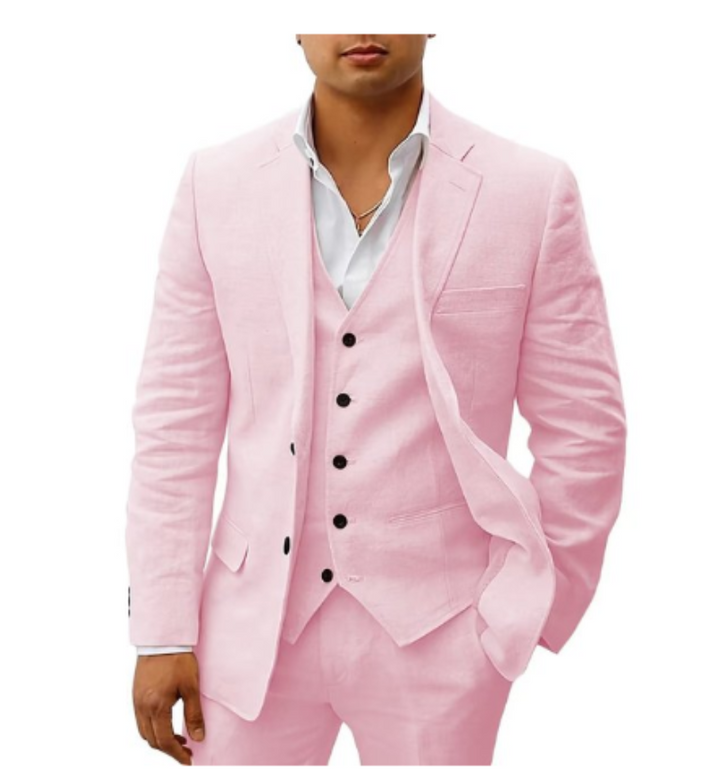 Moderner rosa Herren-Sommeranzug 3-teilig, elegant für Sommerhochzeiten & Partys. Perfekt für festliche Anlässe.