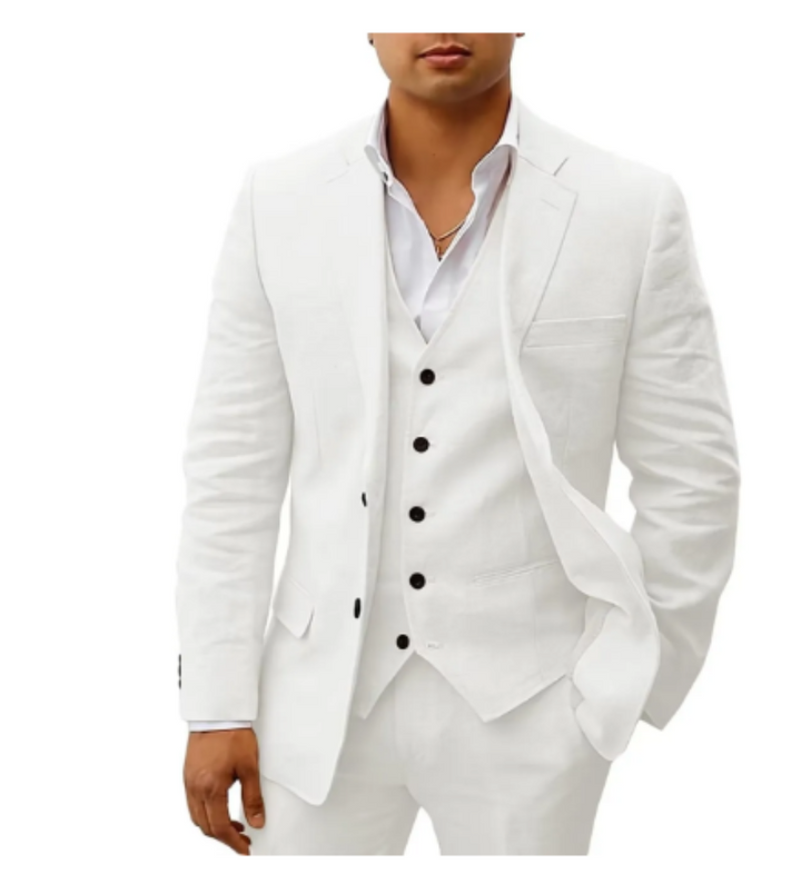 Leichter 3-teiliger Herren-Sommeranzug, in Beige & Hellblau, für stilvolle Sommerhochzeiten & Business Casual.