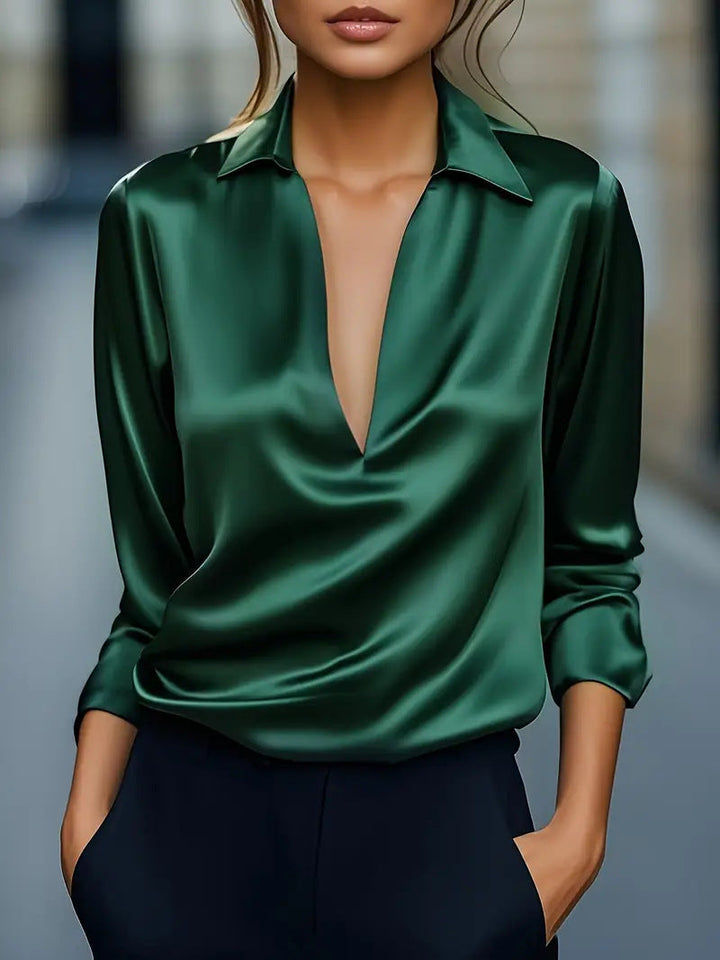 Komfortable Damen Bluse, Seiden-Look, V-Ausschnitt, Langarm; vielseitiges Business & Freizeit Oberteil.