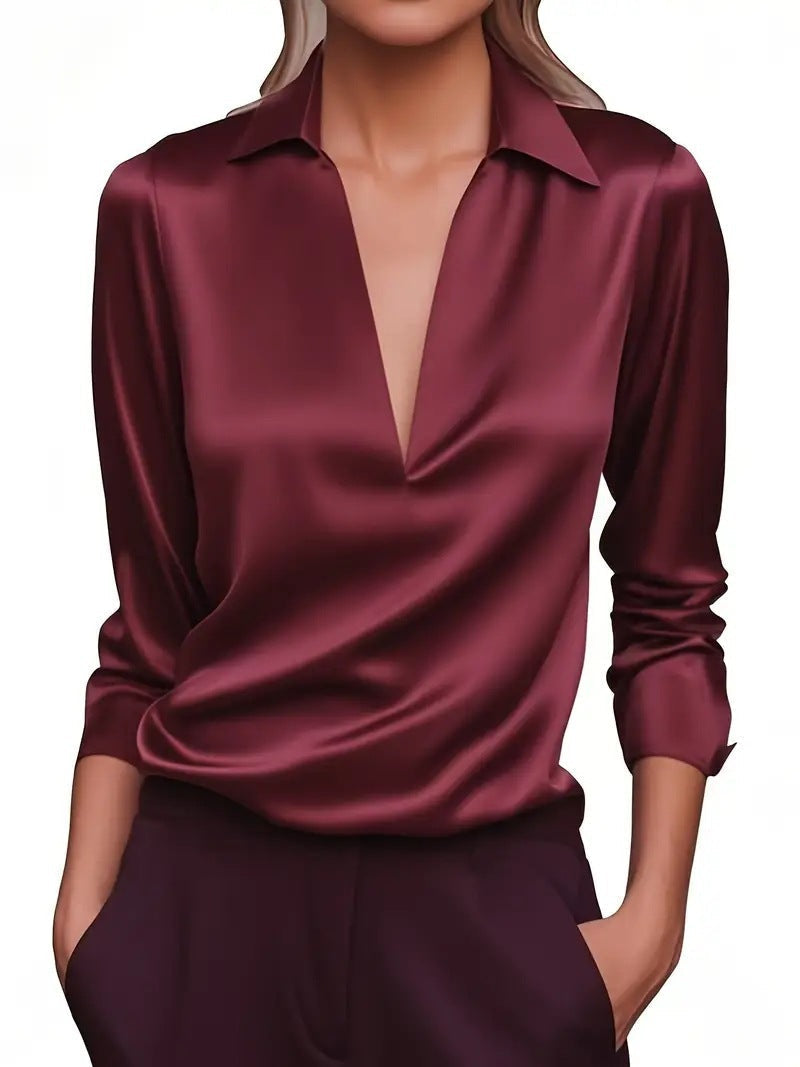 Zeitloses Design: Damen Bluse im Seiden-Look mit V-Ausschnitt, vielseitig kombinierbar.