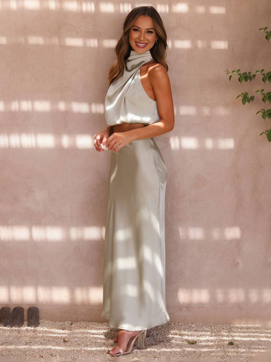 Detail des eleganten Oberteils vom Damen Maxi Zweiteiler, festlich für Hochzeitsgäste.