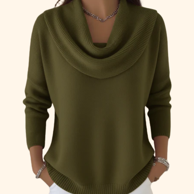 Damen Pullover elegant im Lagenlook mit stylischem Wasserfallkragen. Komfortable, ganzjährige Strickmode, bürotauglich.
