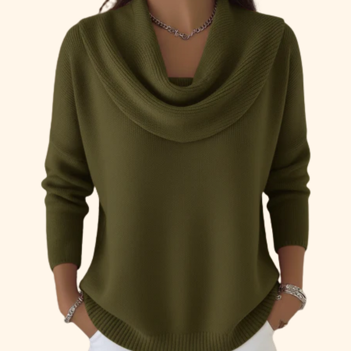 Damen Pullover elegant im Lagenlook mit stylischem Wasserfallkragen. Komfortable, ganzjährige Strickmode, bürotauglich.