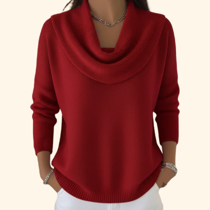 Eleganter Damen Pullover im modischen Lagenlook mit Wasserfallkragen. Komfortable Strickmode für Büro & Freizeit, ganzjährig.