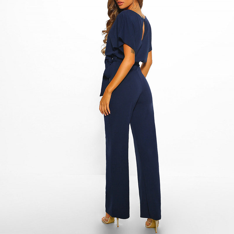 Eleganter Damen Sommer Jumpsuit: Tailliert, weites Bein, Kurzarm. Perfekt für festliche Anlässe oder Freizeit im Frühling.