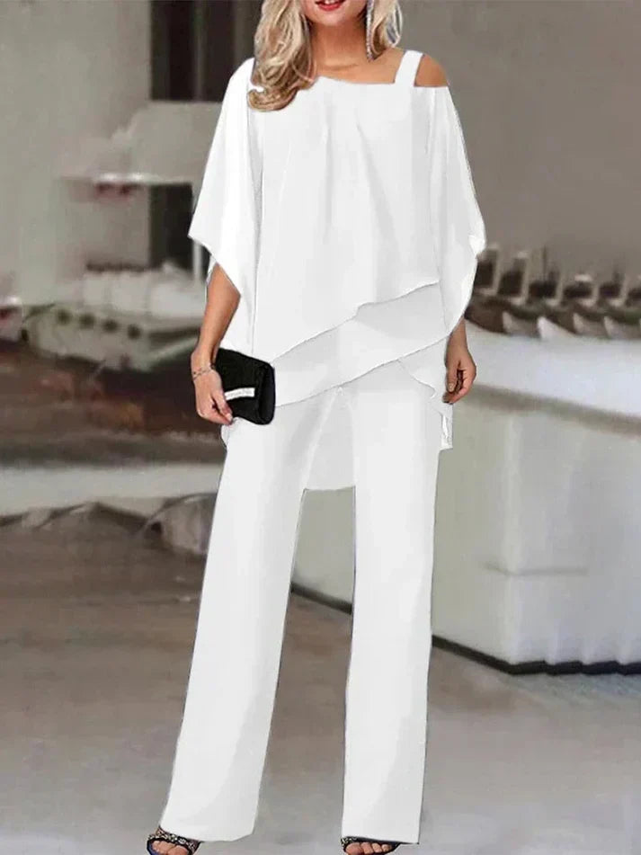 Eleganter Damen Zweiteiler: Schulterfreies Top & bequeme Hose. Stilvoll für Alltag & Fest. Frühlingsmode.