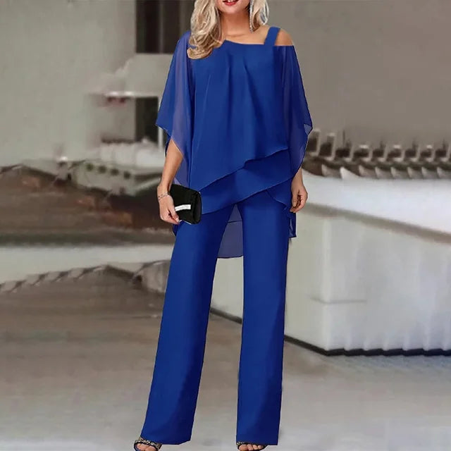 Modisches Damen Set: Off-Shoulder Oberteil & lange Hose. Eleganter Zweiteiler für Frühling & Sommer. Festlich/Alltag.