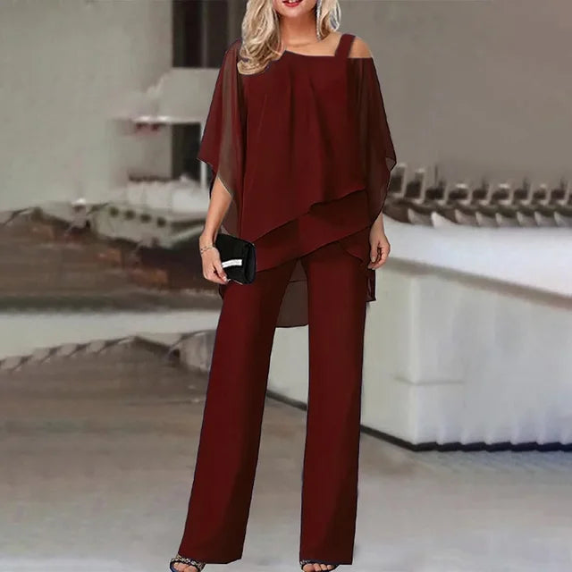 Chicer Damen Hosenanzug: Schulterfreies Top & weite Hose. Bequemer Zweiteiler für Sommer, Alltag oder festliche Events.