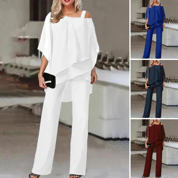 Modischer Damen Zweiteiler: Off-Shoulder Top & elegante Hose. Bequemes Set für Frühling, Sommer, Freizeit & festliche Anlässe.