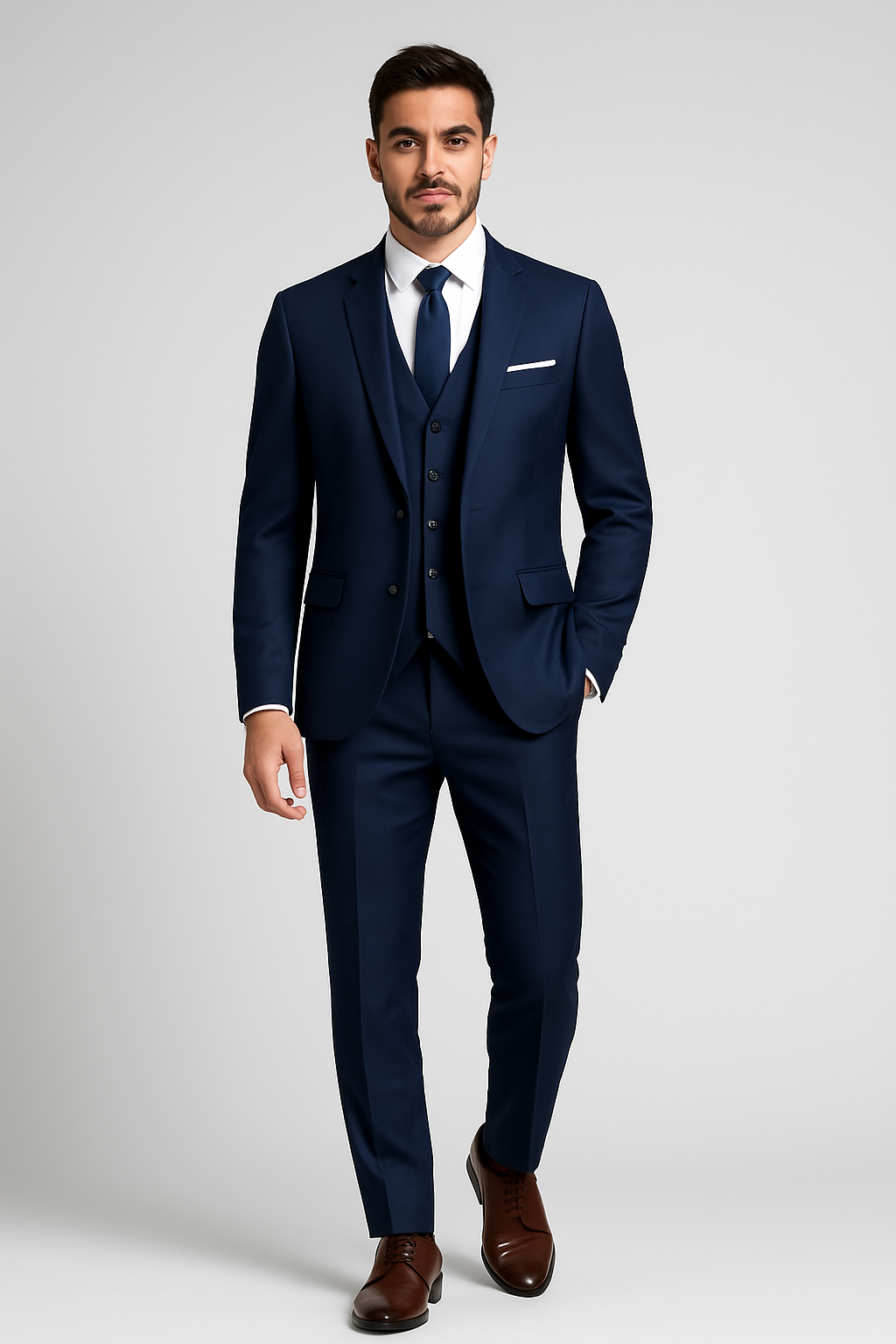 Modell trägt eleganten dreiteiligen Slim-Fit Hochzeitsanzug. Perfekte Passform für festliche Anlässe.