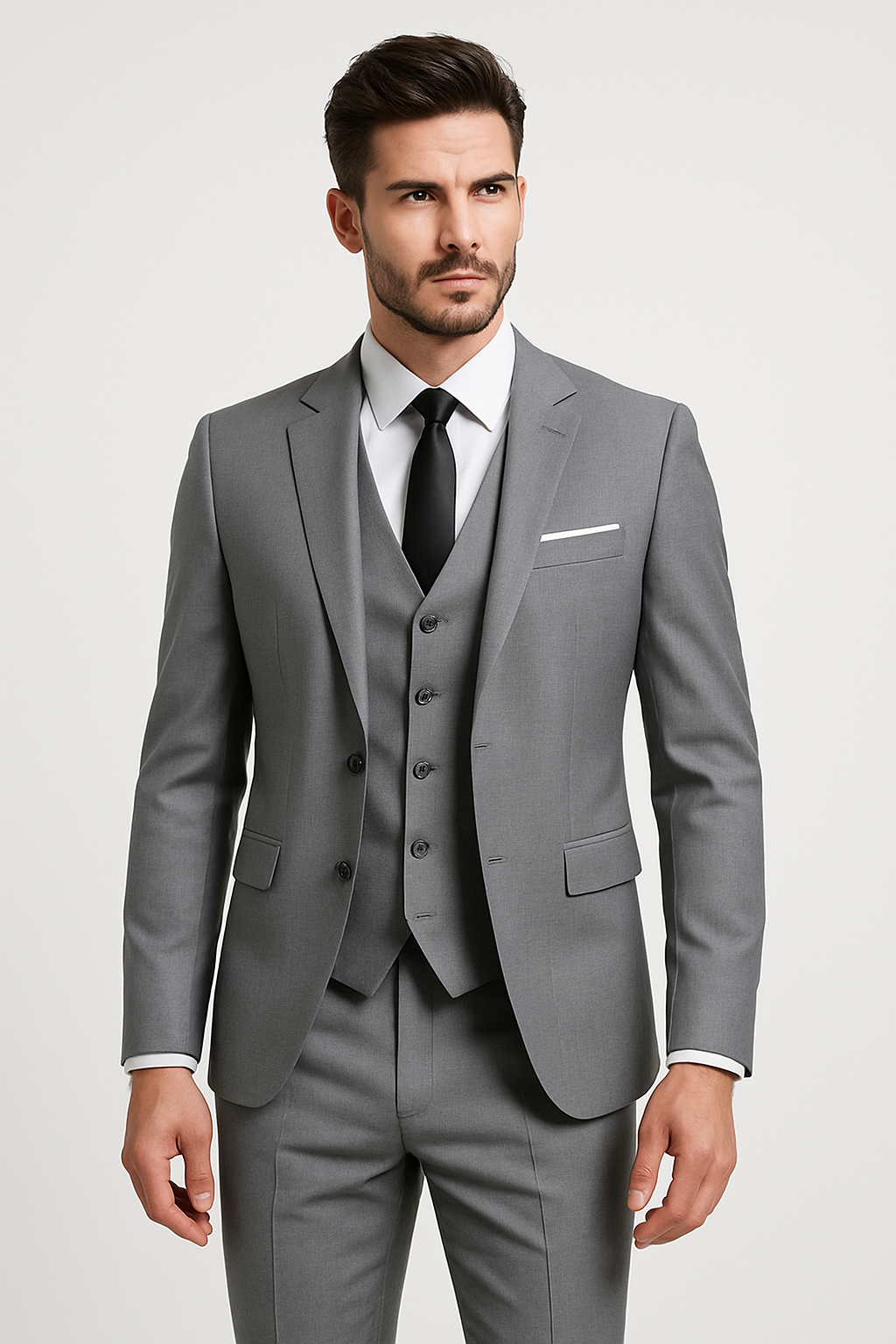 Hochwertiger Stoff des eleganten dreiteiligen Slim-Fit Herrenanzugs. Perfekt für formelle Anlässe.