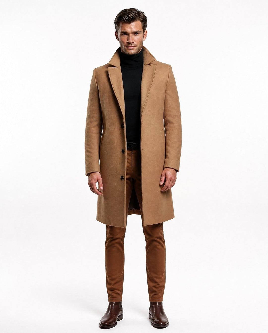 Eleganter Khaki Herren Wintermantel, lang, stilvoll und warm für Business oder Freizeit.
