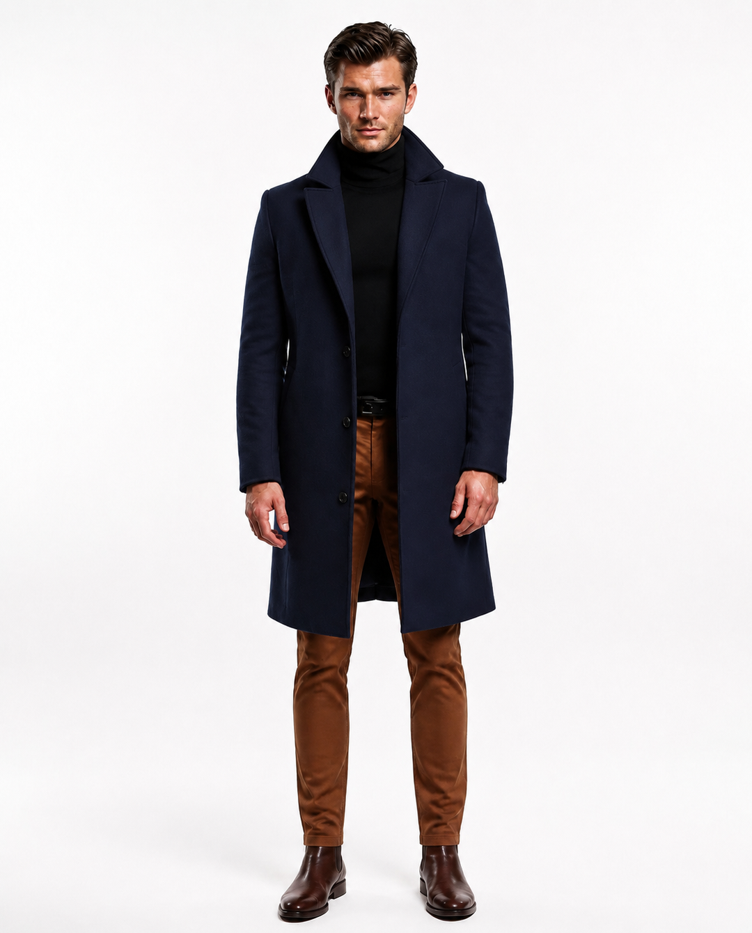 Hochwertiger, eleganter Herren Wintermantel, lang, zeitloses Design für den modernen Mann.