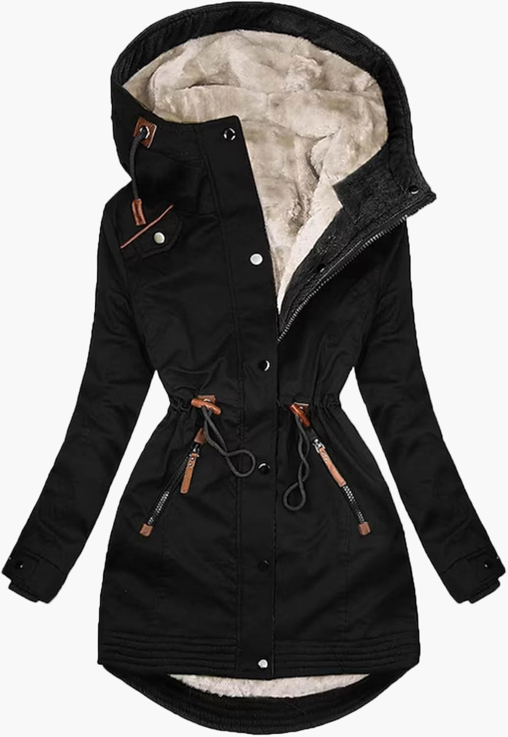 Eleganter, taillierter Damen-Winterparka mit Kapuze in Schwarz. Warm und ideal für kalte Wintertage.