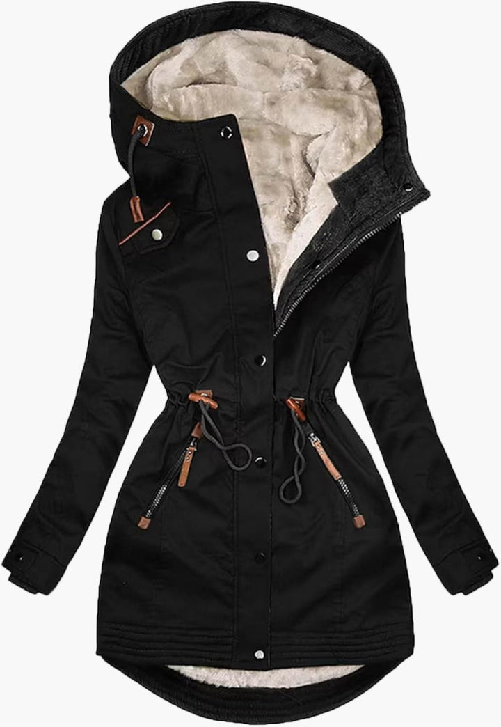 Eleganter, taillierter Damen-Winterparka mit Kapuze in Schwarz. Warm und ideal für kalte Wintertage.