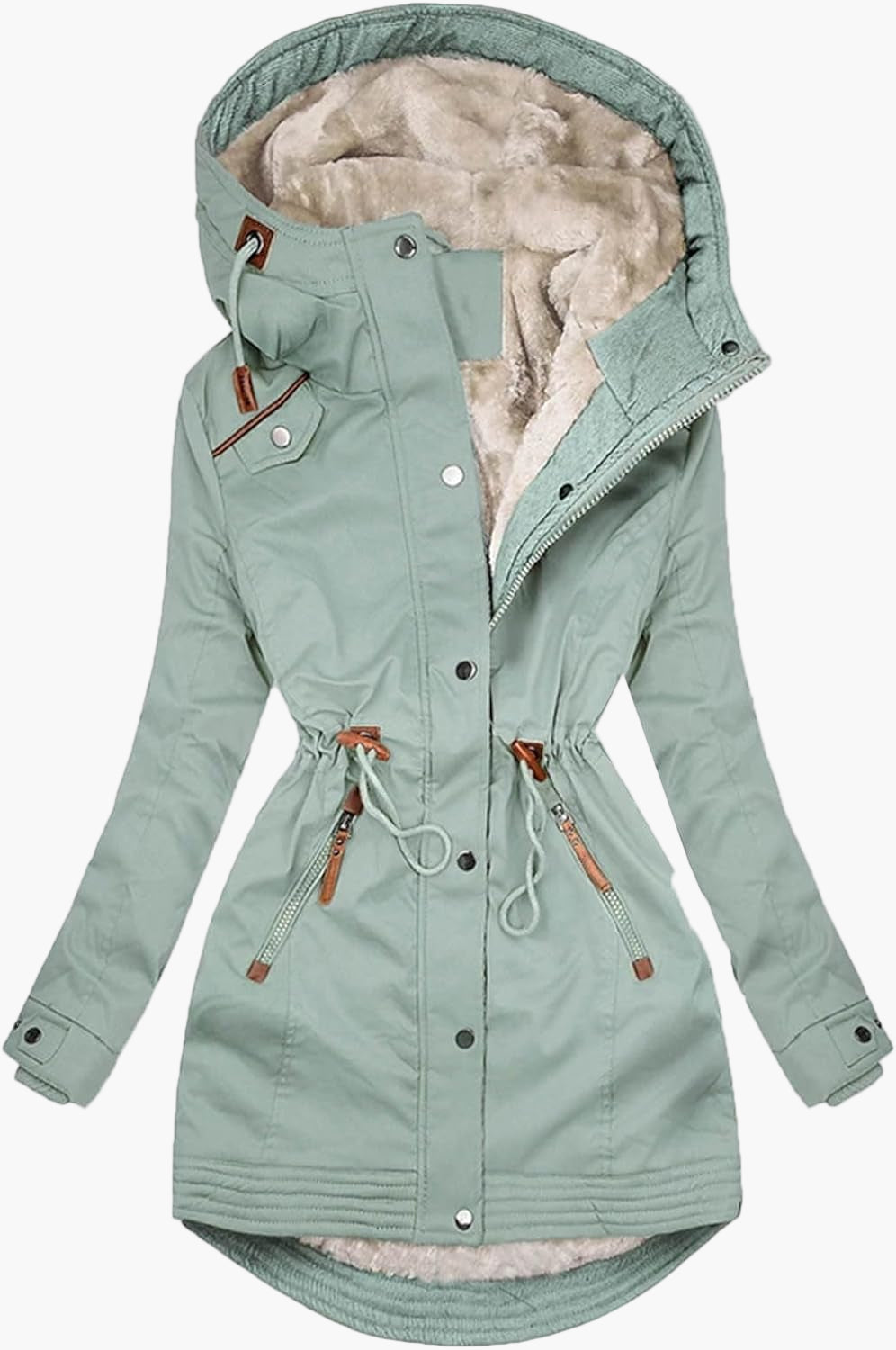 Stylisher Damen-Kapuzenparka, warm und tailliert, perfekt für elegante Winterkleidung. Erhältlich in verschiedenen Farben.
