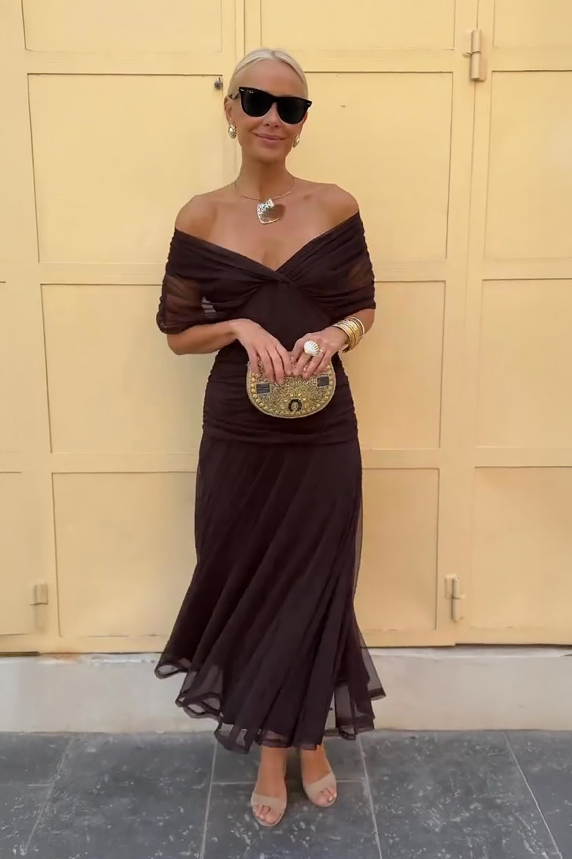 Festliches Damen Maxikleid in Grün-Braun, mehrfarbig, für formelle Anlässe und Abendmode.