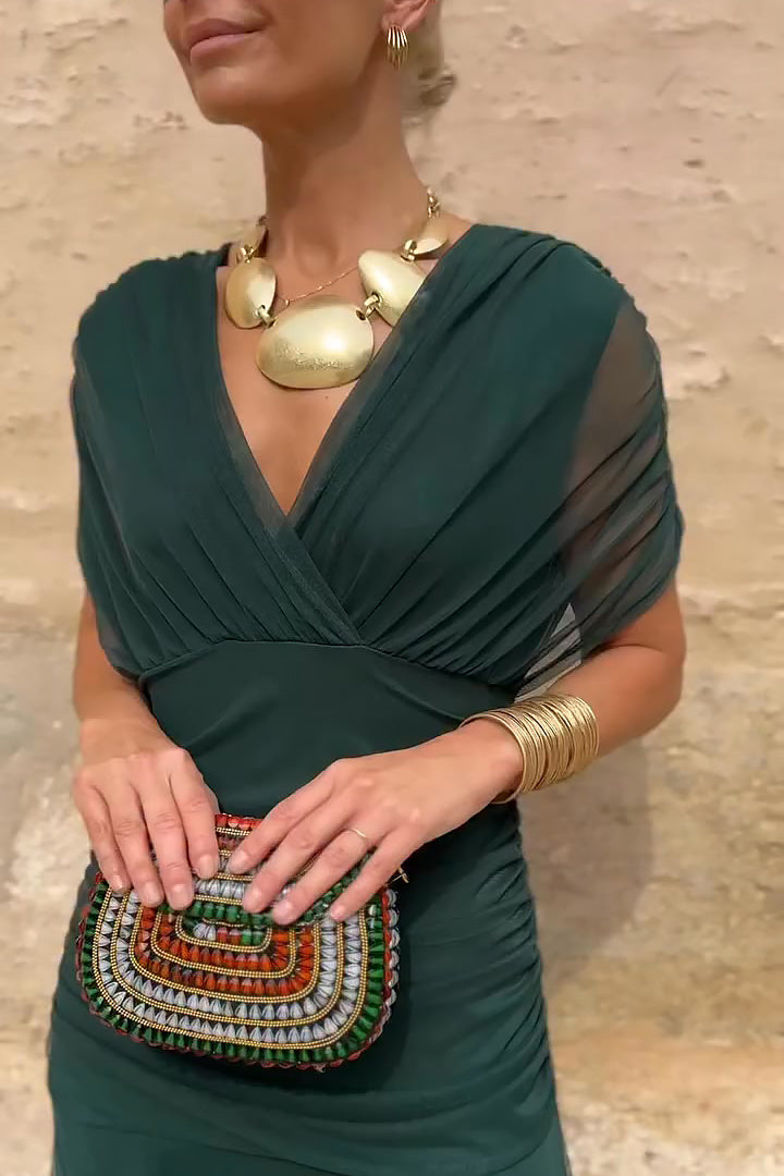 Grün-braunes, mehrfarbiges Abendkleid für Damen, langes Maxi-Design, ideal für elegante Anlässe.