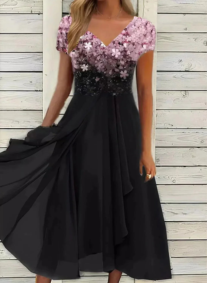 Festliches Midikleid für Damen: elegantes Cocktailkleid mit V-Ausschnitt, Kurzarm und fließendem Schwingrock.