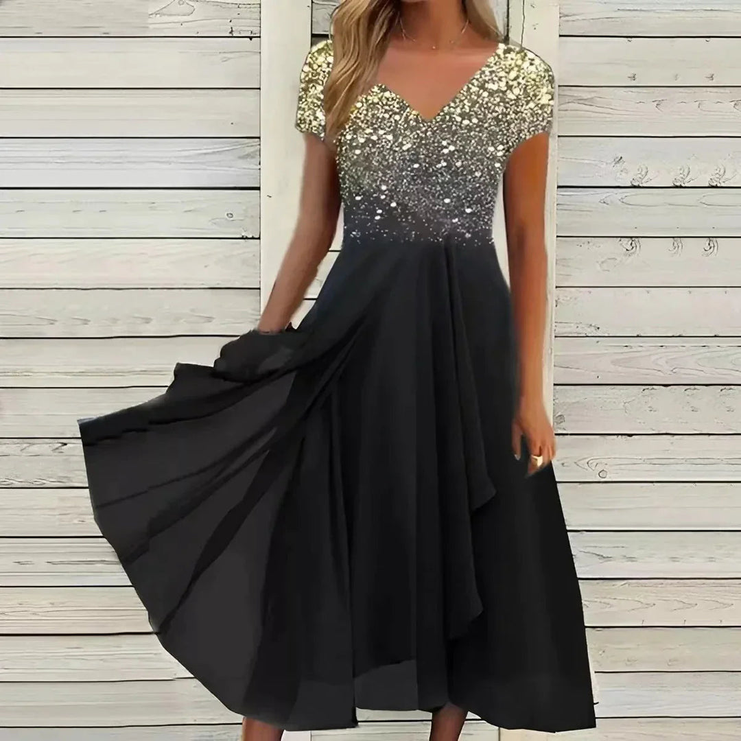 Stilvolles Partykleid für besondere Anlässe; Damen Midikleid elegant mit V-Ausschnitt, Kurzarm und floralem Muster.