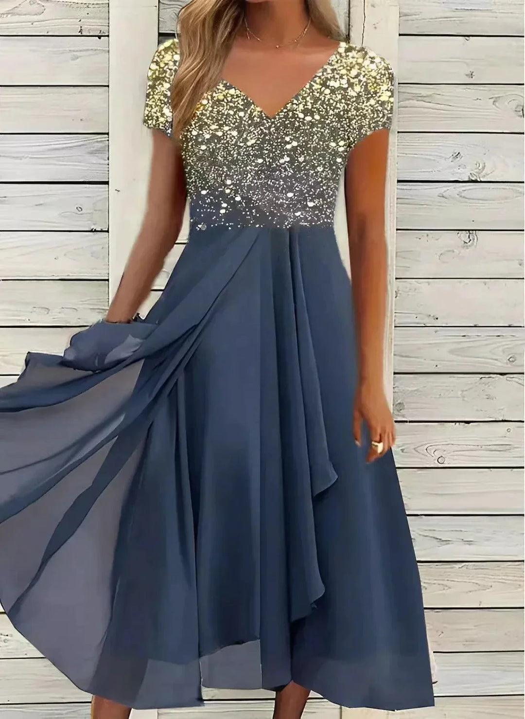 Festliches Damenkleid, elegant mit V-Ausschnitt, tailliertem Oberteil, floralem Design und weitem Schwingrock.
