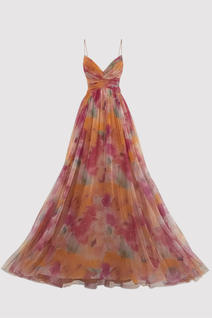 Elegantes Damen Abendkleid mit verdrehtem Oberteil, fließender Rock, ideal für festliche Anlässe wie Gala oder Ball.