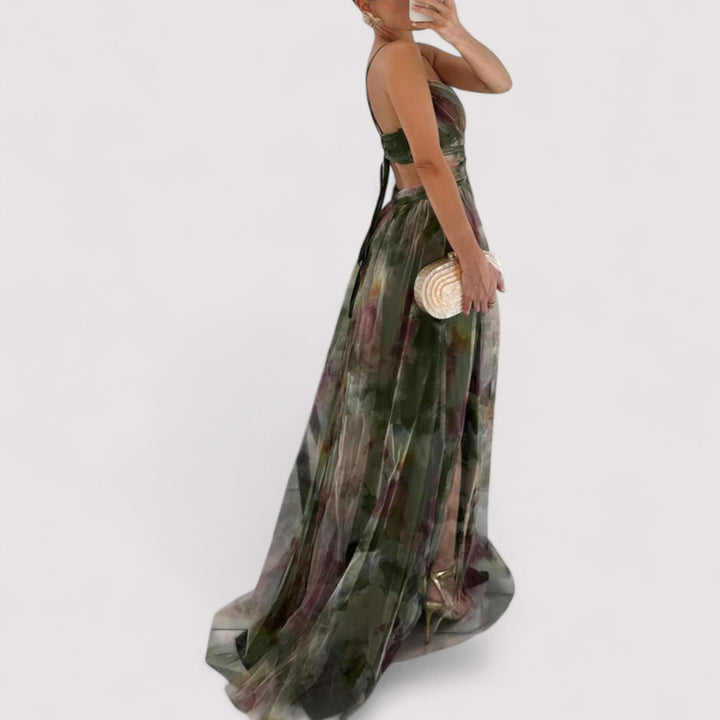 Rosafarbenes Damen Abendkleid, elegant & fließend, mit modischem Twist-Oberteil, ideal für festliche Anlässe.