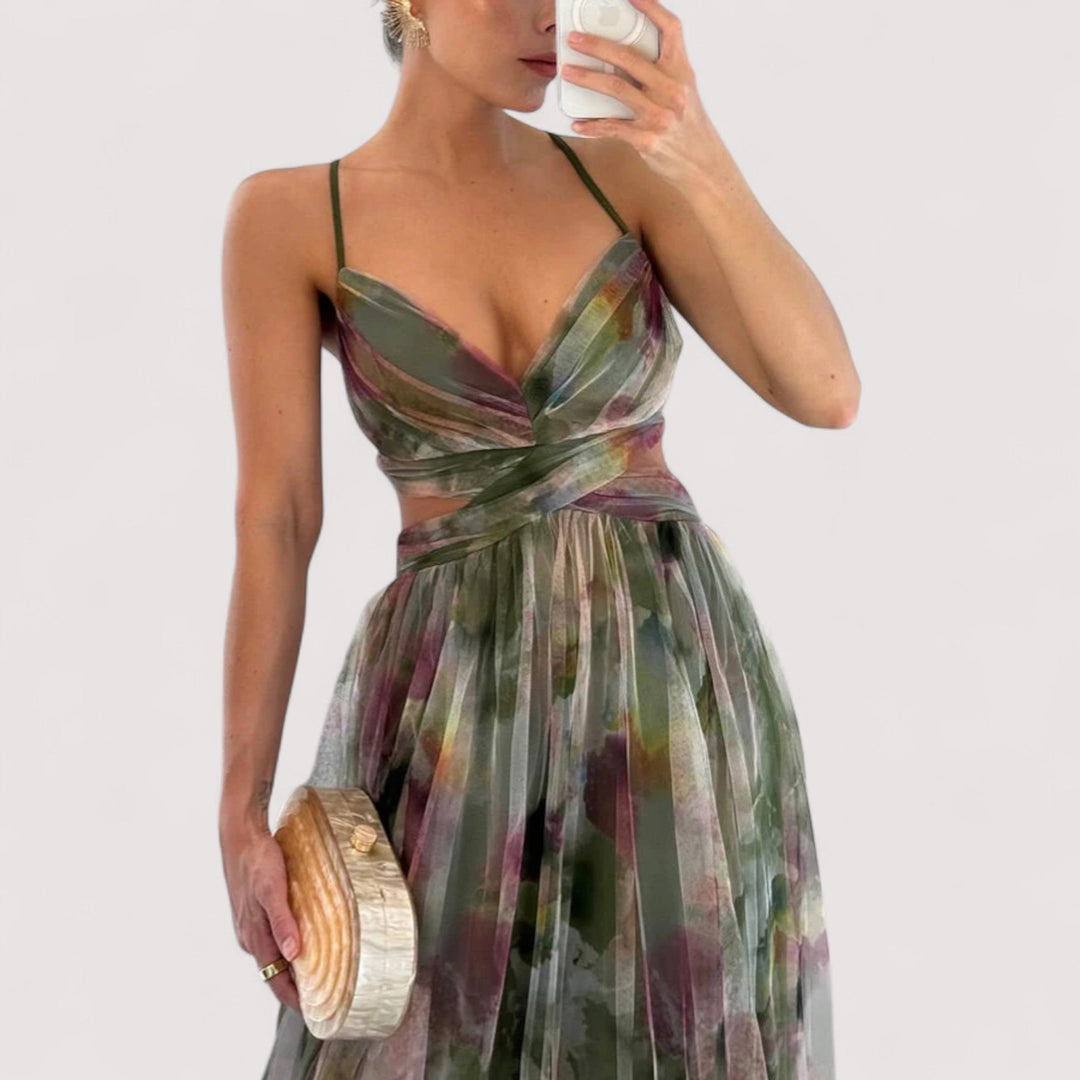 Elegantes Damenkleid für Abend, Party & Hochzeit, mit verdrehtem Oberteil und fließendem, figurbetontem Schnitt.