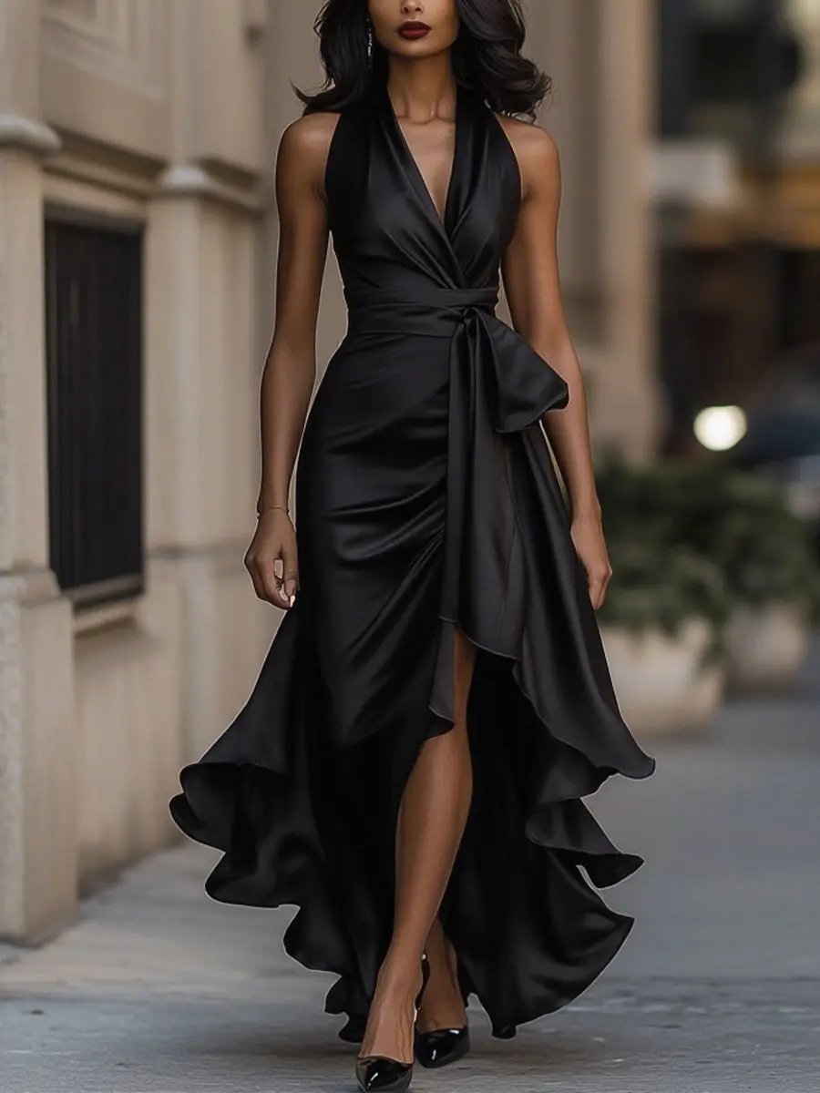 Elegantes Festkleid für Frauen, Wickel-Taille und glamouröser Look für den Abend.
