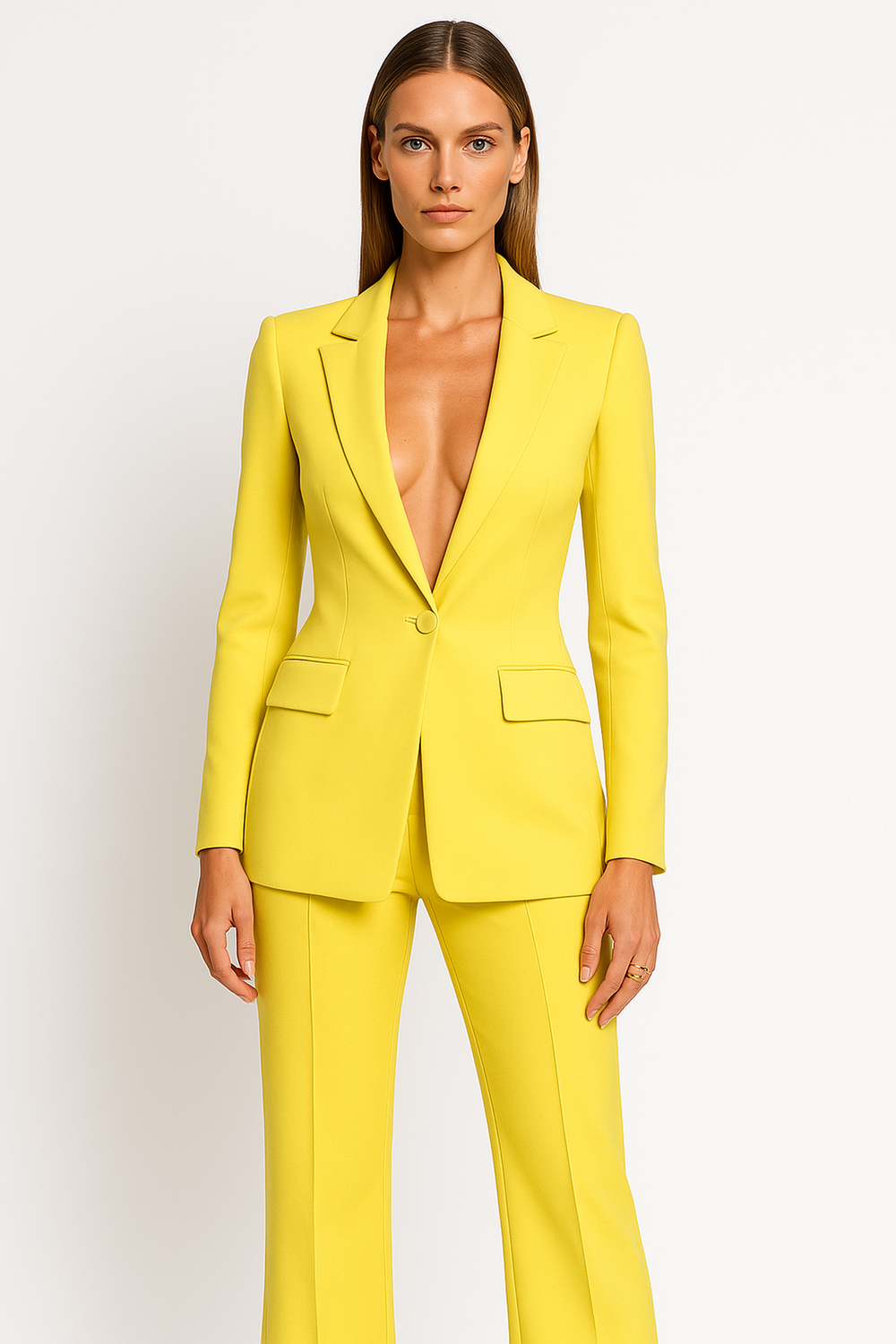 Detailaufnahme des Blazers vom Damen Blazer-Hosen-Set. Hochwertige Verarbeitung für professionelle Damenmode.