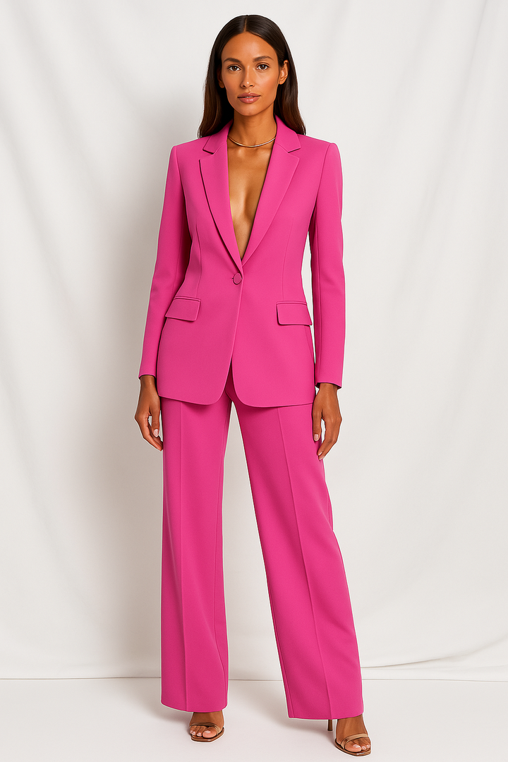 Vielseitiges Damen Blazer-Hosen-Set in dunkler Farbe. Moderner Zweiteiler für Business und schicke Anlässe.