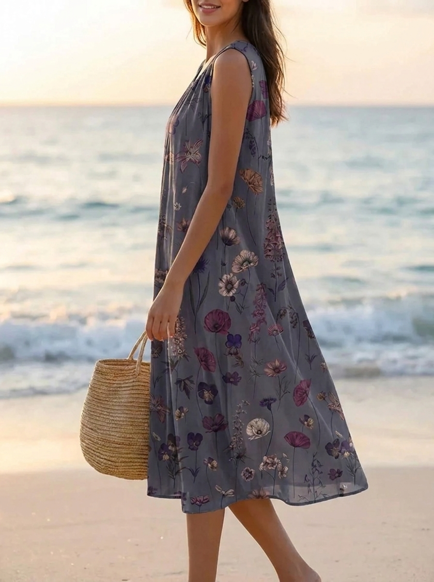 Vintage Damen Midikleid mit Blumenmuster. Perfektes ärmelloses Freizeitkleid für Urlaub und Sommer.