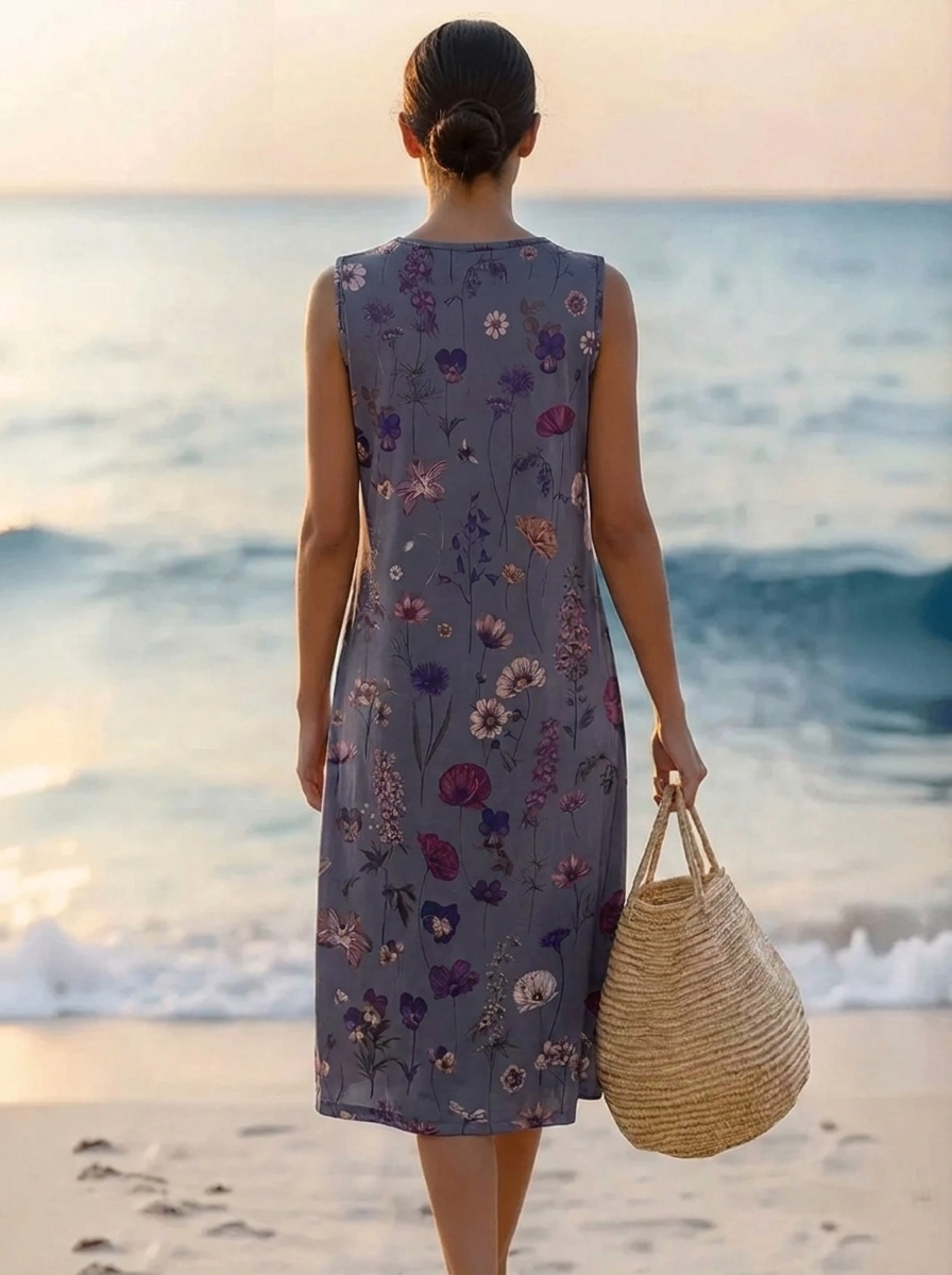 Sommerliches Freizeitkleid für Damen. Mehrfarbiges Blumen Midikleid mit elegantem Blütenmuster, ärmellos.