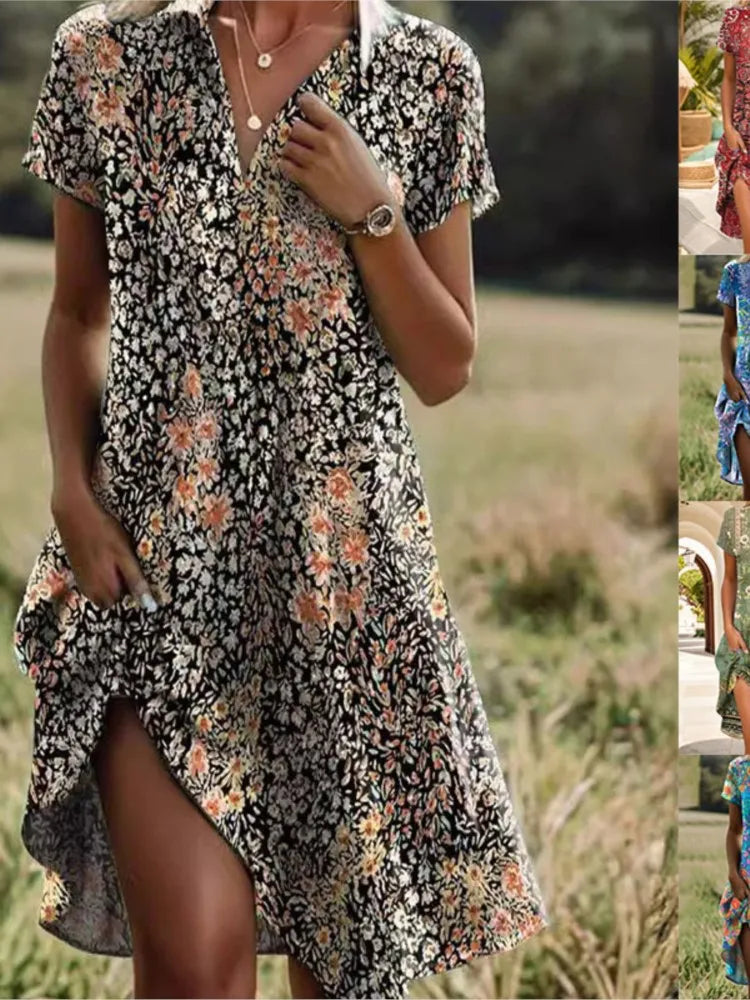 Komfortables Damen Maxikleid im Boho-Stil mit V-Ausschnitt & kurzen Ärmeln. Perfekt als Freizeit- & Sommerkleid.