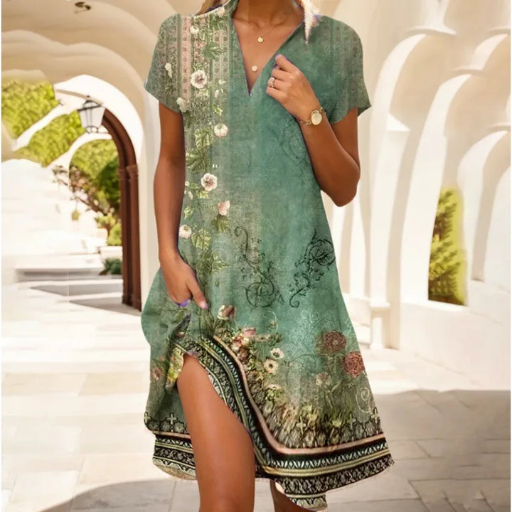 Vollansicht des eleganten Damen Boho Maxikleids mit V-Ausschnitt & kurzen Ärmeln. Fließendes Sommerkleid.