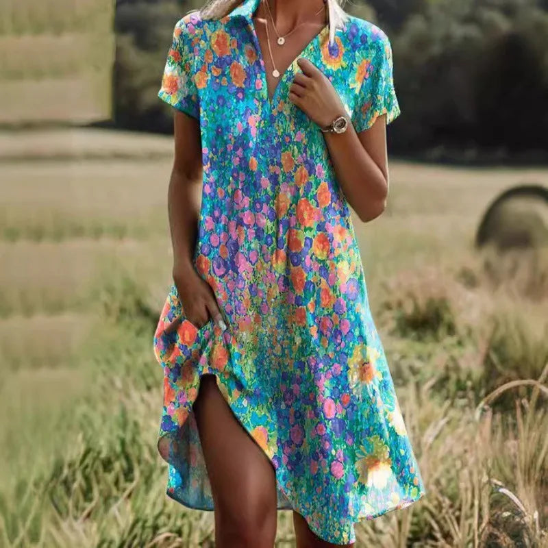 Rückenansicht des fließenden Damen Maxikleids. Komfortables Boho Sommerkleid mit kurzen Ärmeln & V-Ausschnitt.
