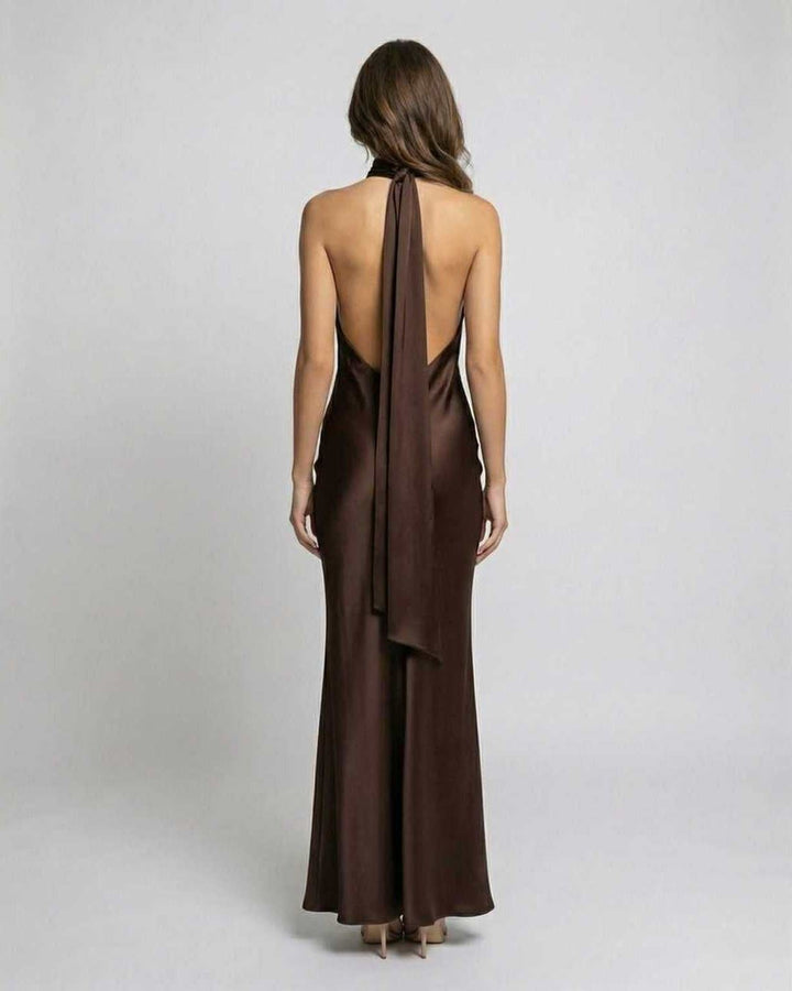 Glamouröses Damen Halter-Maxikleid, lang und rückenfrei. Ein stilvolles Partykleid für unvergessliche Nächte.