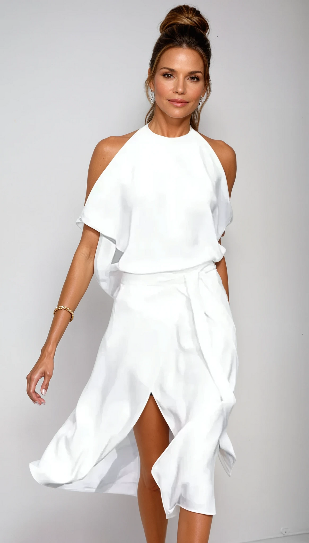Elegantes Damen Herbst Midikleid für Hochzeitsgäste. Offshoulder Abendkleid mit schmeichelhaftem, festlichem Schnitt.
