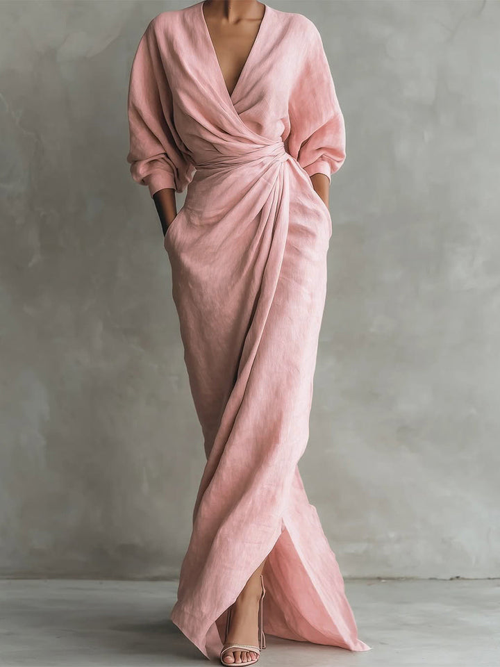 Elegantes Damen Herbstkleid mit V-Ausschnitt & 3/4-Ärmeln. Perfekt als Hochzeitsgastkleid oder festliches Cocktailkleid.