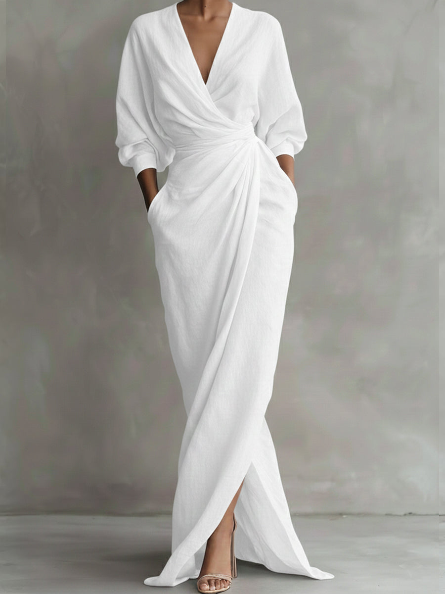 Damen Elegantes Herbstkleid mit schmeichelndem V-Ausschnitt und modischen 3/4-Ärmeln. Ideal für Hochzeitsgäste.