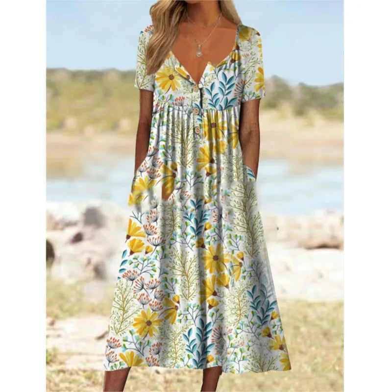 Elegantes Damen Kurzarmkleid A-Linie mit V-Ausschnitt und femininem Blumendruck.
