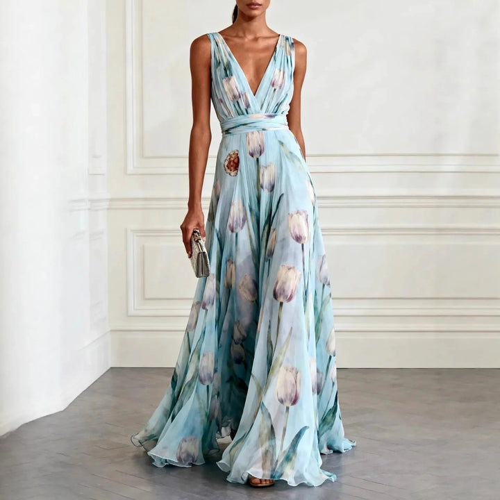 Elegantes Damen Maxi-Abendkleid mit fließendem Blütenprint, ideal für festliche Anlässe & Hochzeitsgäste.