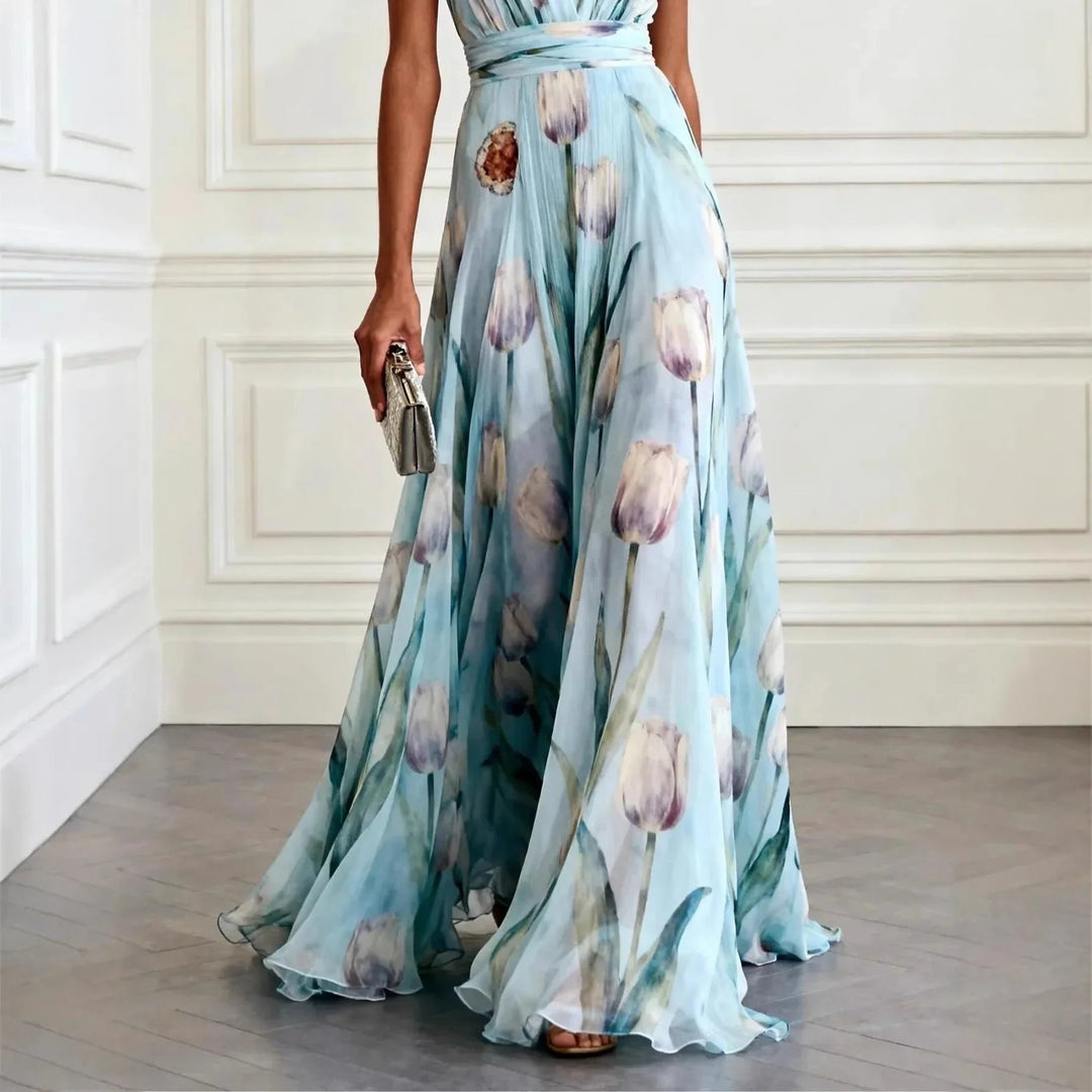 Langes, romantisches Damen Partykleid mit V-Ausschnitt & zartem Blumenmuster, perfekt für den Sommerabend.
