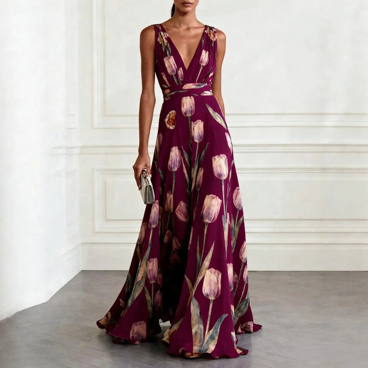 Damen Maxikleid für besondere Anlässe: elegantes Design, sommerlicher Blütenprint, V-Ausschnitt & fließender Stoff.