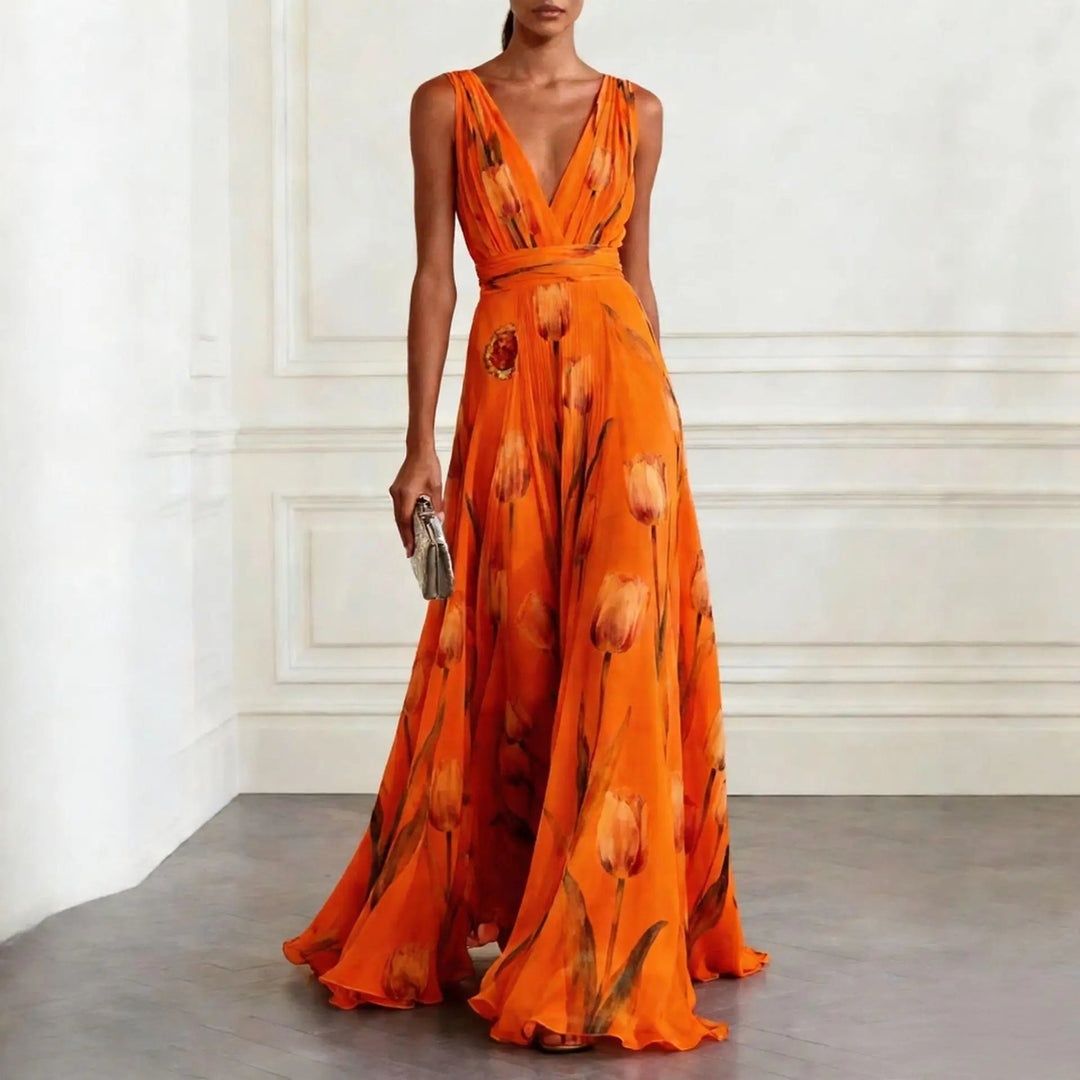Wunderschönes langes Abendkleid mit romantischem Blumenmuster. Perfekt als festliches Kleid oder Sommer-Maxikleid.