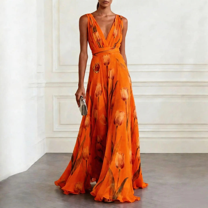 Wunderschönes langes Abendkleid mit romantischem Blumenmuster. Perfekt als festliches Kleid oder Sommer-Maxikleid.