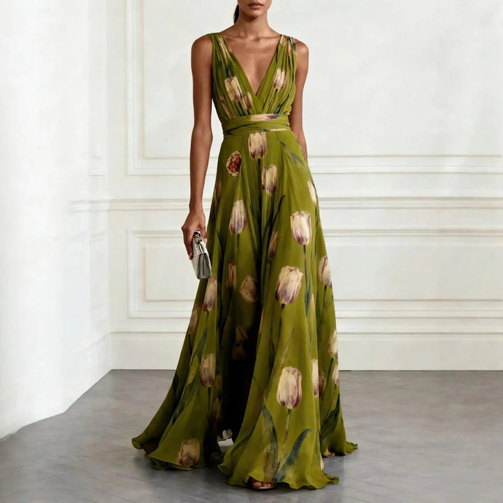 Elegantes Damen Sommer-Maxikleid mit zartem Blütenprint. Ideal als Hochzeitsgast- oder Partykleid für Abendveranstaltungen.