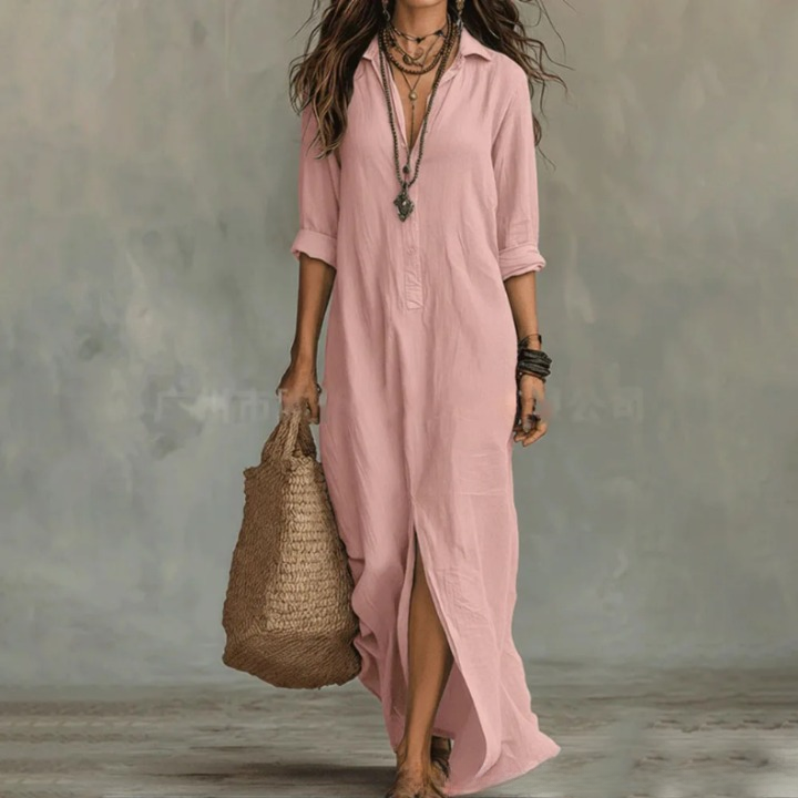 Damen Sommerkleid, lang und fließend, mit seitlichem Schlitz, als Abend- oder Freizeitkleid tragbar.