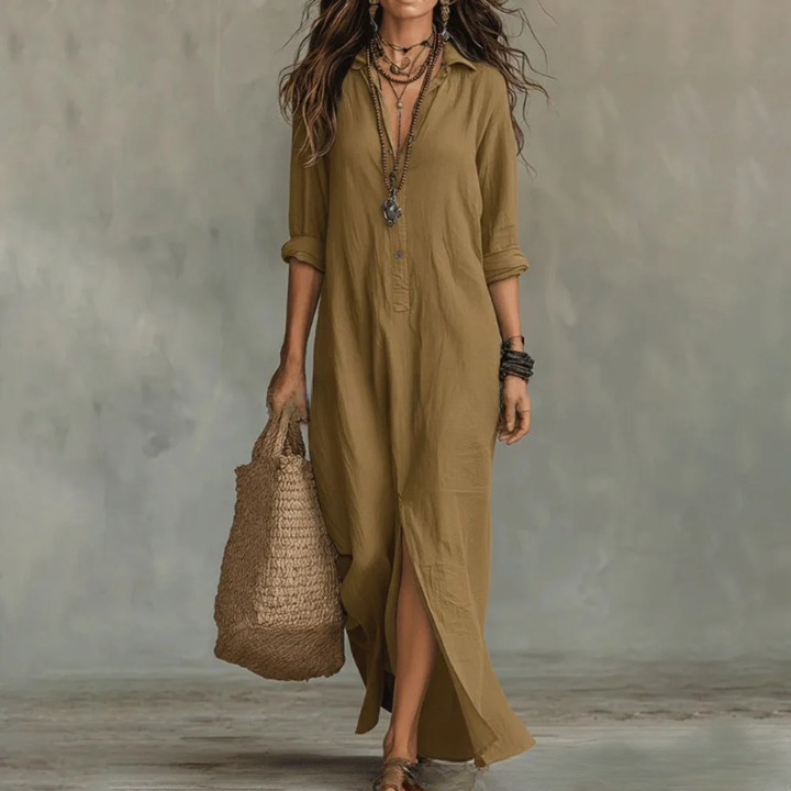 Klassisches Damen Maxikleid mit durchgehender Knopfreihe, schmeichelhaft und stilvoll für heiße Tage.