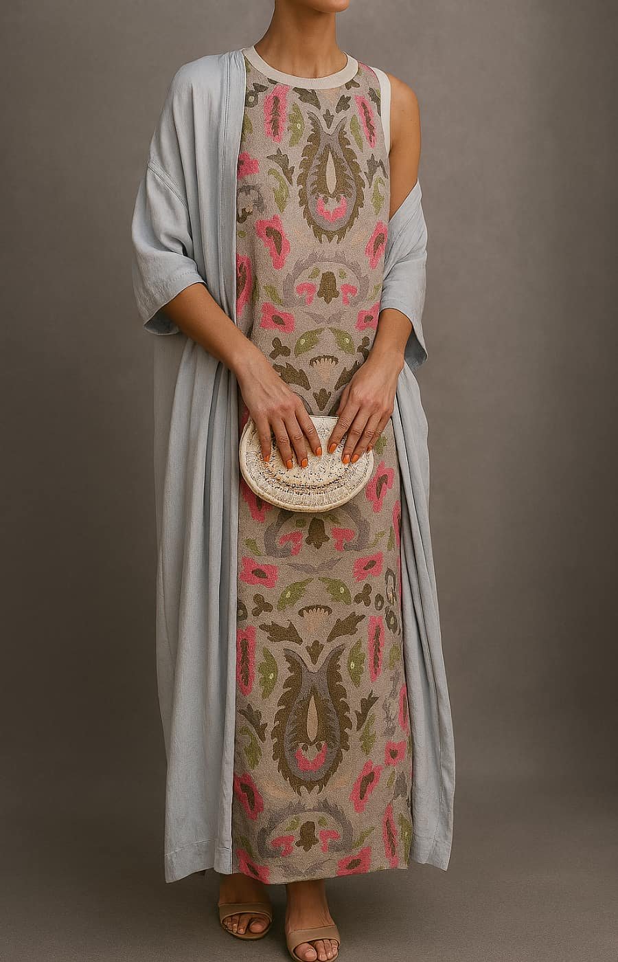 Khaki Damen Maxikleid mit Blumenstickerei und passendem Mantel, ein modisches Set für festliche Anlässe.